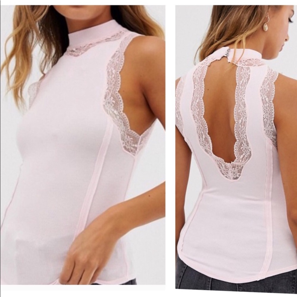 Lace-Trim High Neck Tank Top - Light Pink